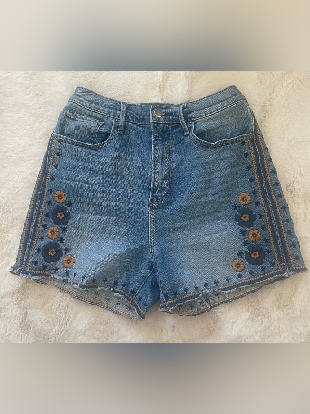 Denim Embroidered Floral Shorts